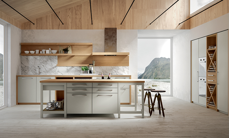 Cuisine moderne de marque Oldline cuisines en laquée et plan de travail en bois massif